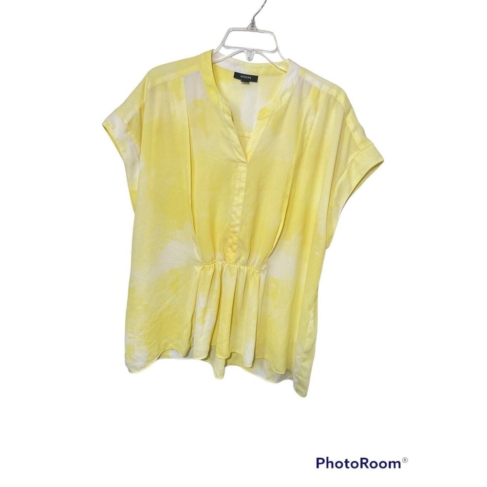 Alfani Womens XL Yellow Tie Dye V-Neck Cinched Waist Peplum Blouse Short Sleeve